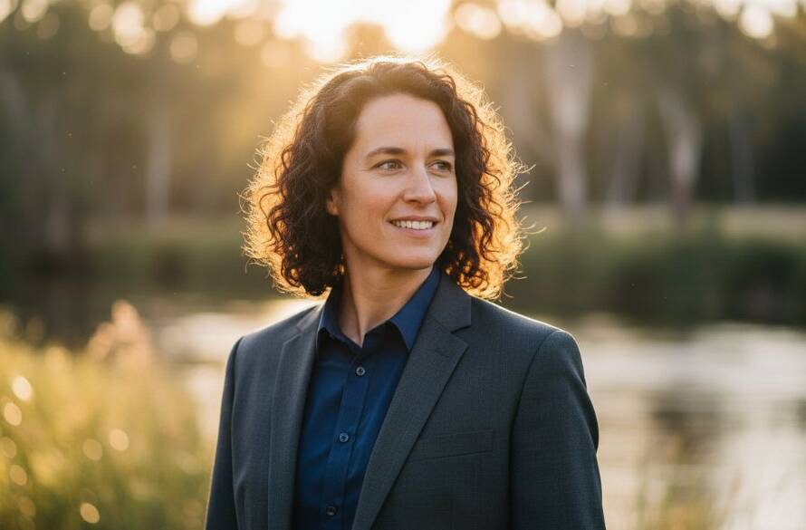 An inspiring and dynamic professional Warrandyte corporate headshot captured in a natural setting, showcasing a confident business person with the Warrandyte Yarra River in the softly blurred background at sunset, bathed in warm, golden hour light, portraying authenticity and expertise.