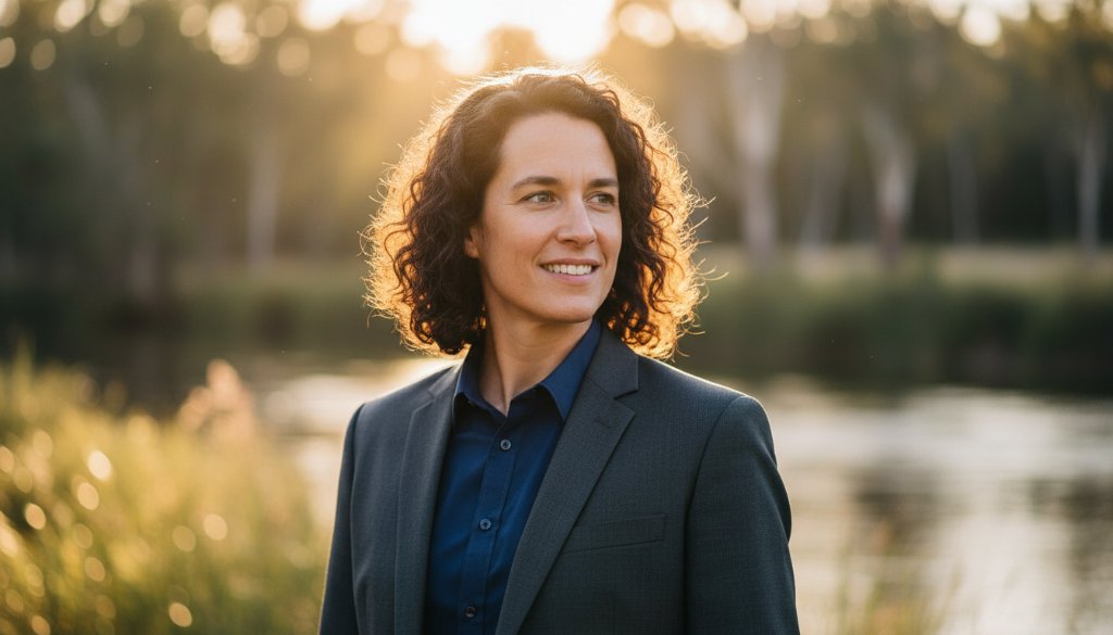 An inspiring and dynamic professional Warrandyte corporate headshot captured in a natural setting, showcasing a confident business person with the Warrandyte Yarra River in the softly blurred background at sunset, bathed in warm, golden hour light, portraying authenticity and expertise.