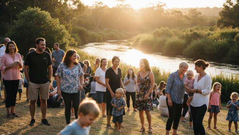 A vibrant, emotionally resonant photograph capturing a moment of genuine laughter and connection at a community festival along the Yarra River in Warrandyte, showcasing professional Warrandyte event photography capturing natural joy with dramatic golden hour lighting.