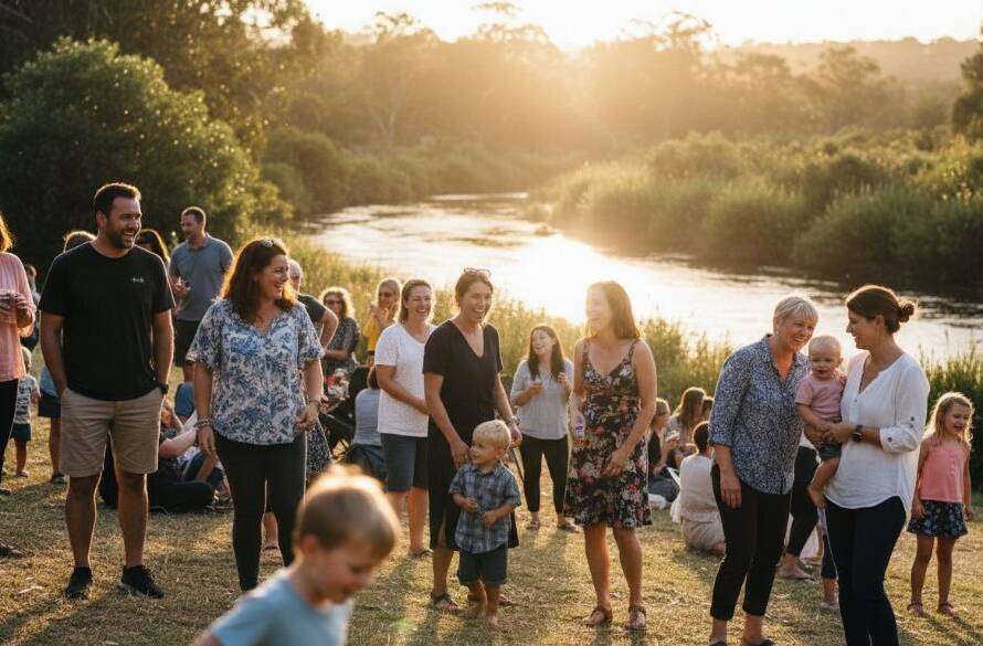 A vibrant, emotionally resonant photograph capturing a moment of genuine laughter and connection at a community festival along the Yarra River in Warrandyte, showcasing professional Warrandyte event photography capturing natural joy with dramatic golden hour lighting.