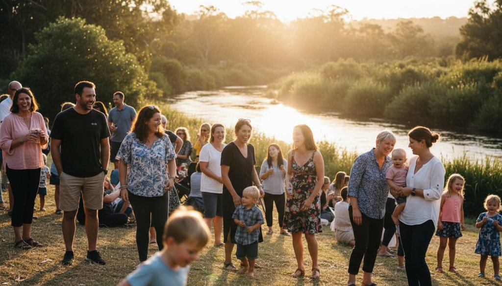 A vibrant, emotionally resonant photograph capturing a moment of genuine laughter and connection at a community festival along the Yarra River in Warrandyte, showcasing professional Warrandyte event photography capturing natural joy with dramatic golden hour lighting.