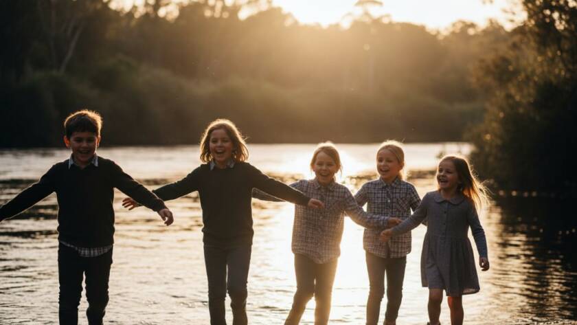 An 'epic moment' capture showcasing authentic joy, where a group of Warrandyte primary school children laugh candidly together under the soft, golden afternoon sun near the Yarra River, embodying the essence of professional Warrandyte school photography natural light portraits. The composition highlights their natural expressions and the beautiful outdoor setting.