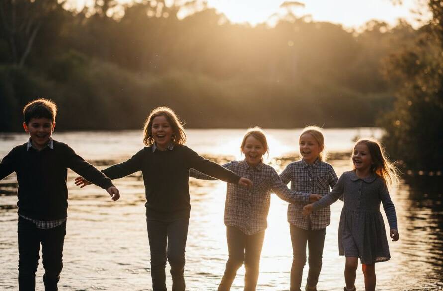 An 'epic moment' capture showcasing authentic joy, where a group of Warrandyte primary school children laugh candidly together under the soft, golden afternoon sun near the Yarra River, embodying the essence of professional Warrandyte school photography natural light portraits. The composition highlights their natural expressions and the beautiful outdoor setting.