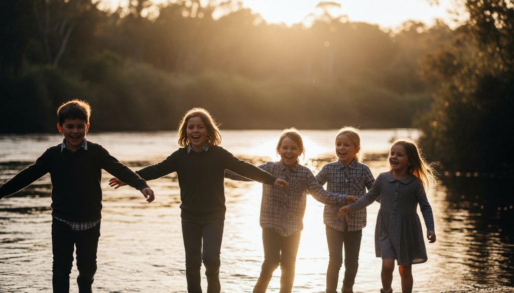 An 'epic moment' capture showcasing authentic joy, where a group of Warrandyte primary school children laugh candidly together under the soft, golden afternoon sun near the Yarra River, embodying the essence of professional Warrandyte school photography natural light portraits. The composition highlights their natural expressions and the beautiful outdoor setting.