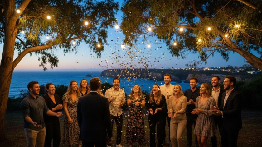 An epic moment captured through professional Warrnambool party photography, showing guests raising glasses in a joyous toast at a beautifully decorated outdoor evening event near Lake Pertobe, bathed in warm, cinematic light.
