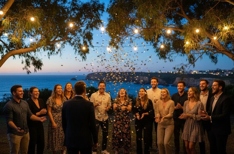 An epic moment captured through professional Warrnambool party photography, showing guests raising glasses in a joyous toast at a beautifully decorated outdoor evening event near Lake Pertobe, bathed in warm, cinematic light.