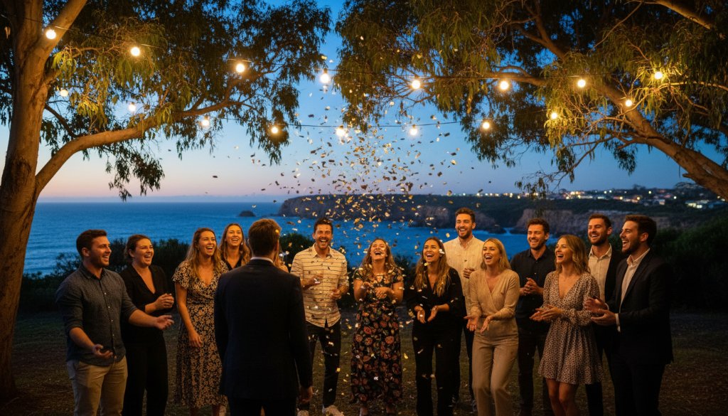An epic moment captured through professional Warrnambool party photography, showing guests raising glasses in a joyous toast at a beautifully decorated outdoor evening event near Lake Pertobe, bathed in warm, cinematic light.