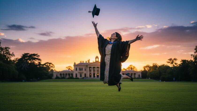 An epic moment photograph of a beaming graduate, mid-air with their cap, against the stunning backdrop of Werribee Park Mansion at sunset, celebrating their professional Werribee graduation photography experience. Dramatic golden hour light illuminates their joyful face, capturing pure joy.