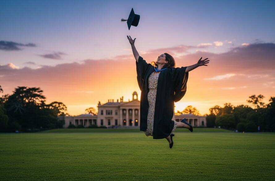 An epic moment photograph of a beaming graduate, mid-air with their cap, against the stunning backdrop of Werribee Park Mansion at sunset, celebrating their professional Werribee graduation photography experience. Dramatic golden hour light illuminates their joyful face, capturing pure joy.