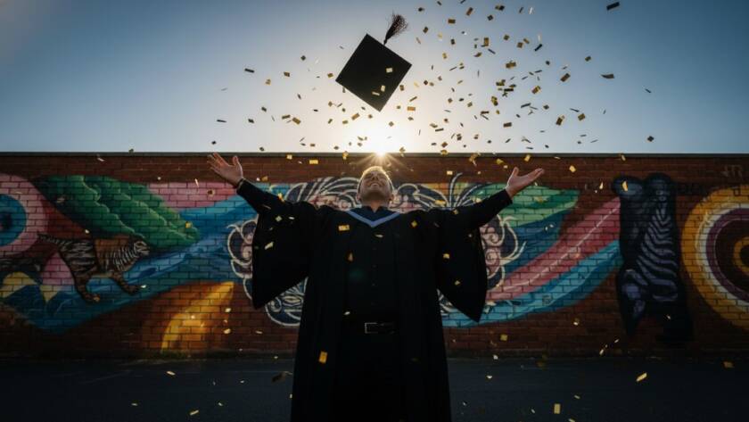A jubilant graduate, wearing an academic gown and mortarboard, leaps triumphantly against the vibrant, sunlit backdrop of West Footscray's urban landscape, capturing professional West Footscray graduation photography in an epic, celebratory moment.