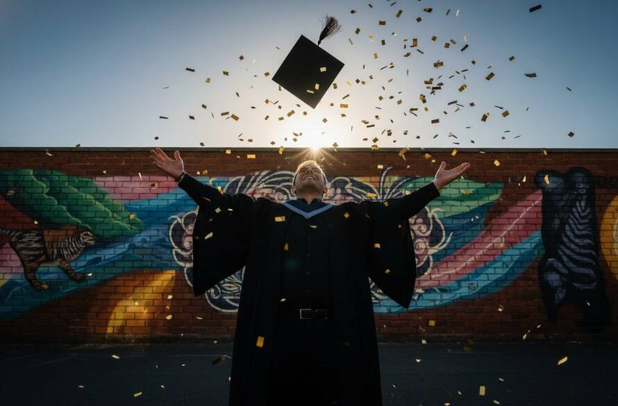 A jubilant graduate, wearing an academic gown and mortarboard, leaps triumphantly against the vibrant, sunlit backdrop of West Footscray's urban landscape, capturing professional West Footscray graduation photography in an epic, celebratory moment.