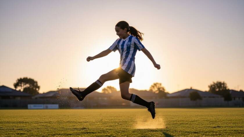 Dynamic wide-angle shot of a young athlete mid-action during a crucial play at a Hoppers Crossing sports oval, perfectly embodying professional youth sports photography Hoppers Crossing Vic with dramatic lighting and a sense of triumph.