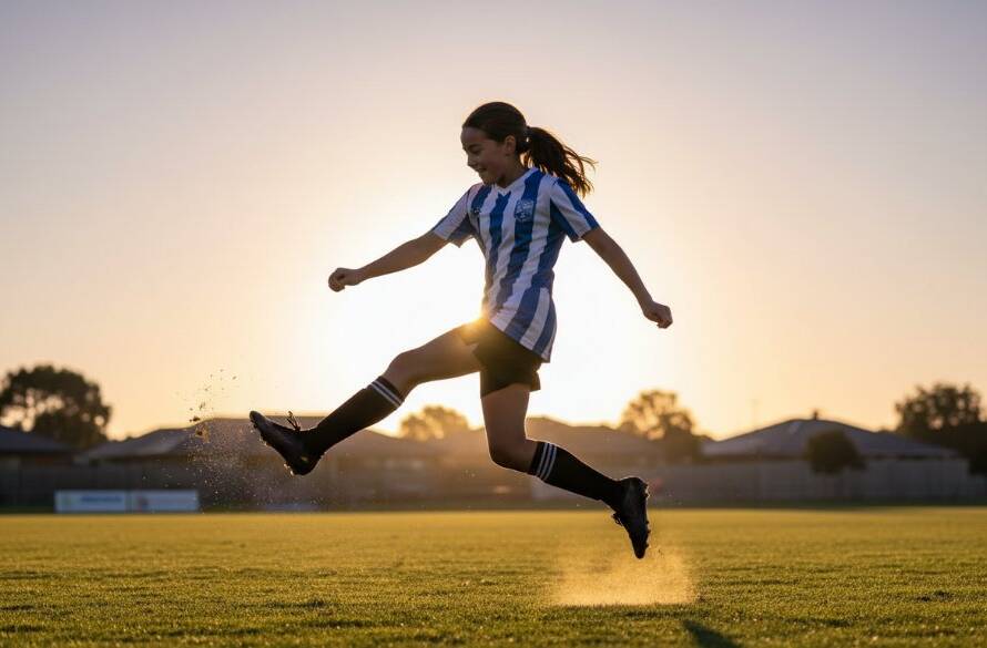 Dynamic wide-angle shot of a young athlete mid-action during a crucial play at a Hoppers Crossing sports oval, perfectly embodying professional youth sports photography Hoppers Crossing Vic with dramatic lighting and a sense of triumph.