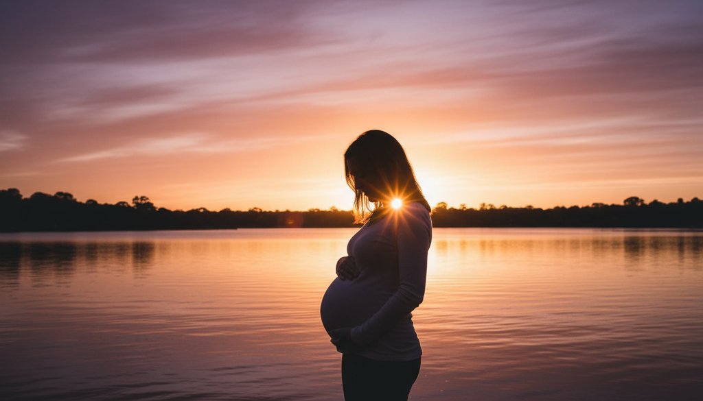A pregnant woman, looking serene and radiant, stands silhouetted against a golden sunset in a natural setting near Ruffey Lake Park in Doncaster East, Victoria, during her Radiant Doncaster East Maternity Photoshoot Victoria. Her belly is gently cradled, with soft, dramatic backlighting creating a halo effect around her, evoking a sense of powerful calm and anticipation.