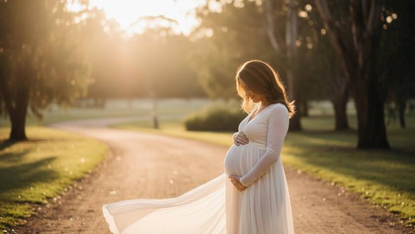 A glowing expectant mother, gently cradling her baby bump, stands silhouetted against a dramatic Mitcham sunset over a tranquil park, evoking a serene and radiant Mitcham Victoria maternity photoshoot moment.