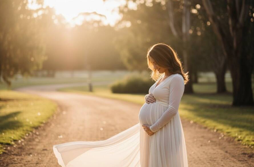 A glowing expectant mother, gently cradling her baby bump, stands silhouetted against a dramatic Mitcham sunset over a tranquil park, evoking a serene and radiant Mitcham Victoria maternity photoshoot moment.