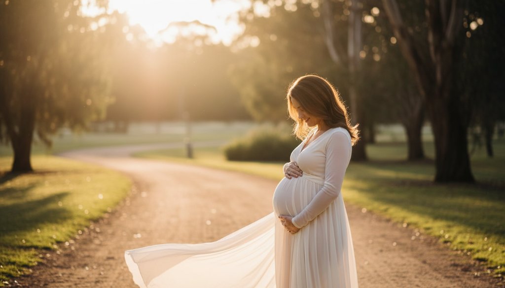 A glowing expectant mother, gently cradling her baby bump, stands silhouetted against a dramatic Mitcham sunset over a tranquil park, evoking a serene and radiant Mitcham Victoria maternity photoshoot moment.