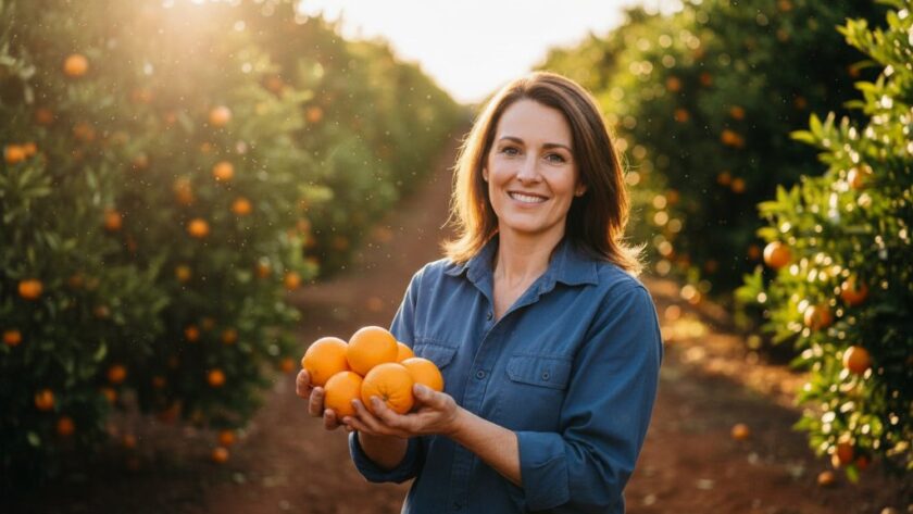 Vibrant Red Cliffs agricultural branding photography showing a farmer proudly holding a basket of sun-ripened grapes at golden hour, backlit by the setting sun over a vineyard, conveying authenticity and abundance.