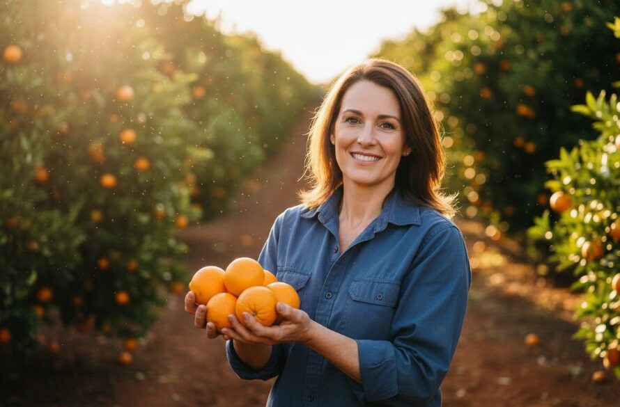 Vibrant Red Cliffs agricultural branding photography showing a farmer proudly holding a basket of sun-ripened grapes at golden hour, backlit by the setting sun over a vineyard, conveying authenticity and abundance.