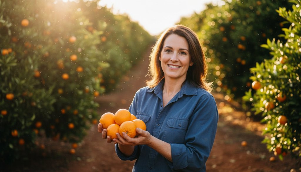 Vibrant Red Cliffs agricultural branding photography showing a farmer proudly holding a basket of sun-ripened grapes at golden hour, backlit by the setting sun over a vineyard, conveying authenticity and abundance.