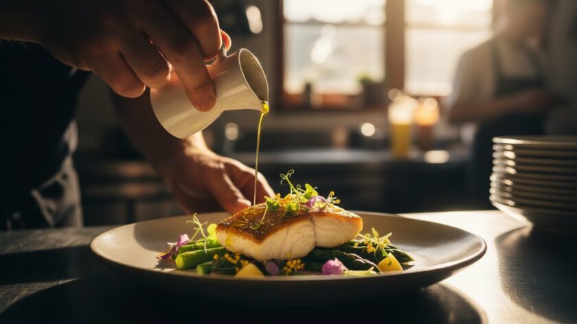 A dramatic, cinematic photograph of a chef meticulously plating a vibrant dish featuring fresh, sun-ripened Red Cliffs artisanal food, with golden hour light streaming through a rustic kitchen window, highlighting the rich colours and textures of the ingredients.