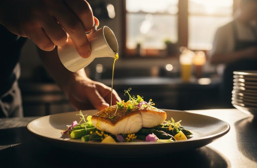 A dramatic, cinematic photograph of a chef meticulously plating a vibrant dish featuring fresh, sun-ripened Red Cliffs artisanal food, with golden hour light streaming through a rustic kitchen window, highlighting the rich colours and textures of the ingredients.