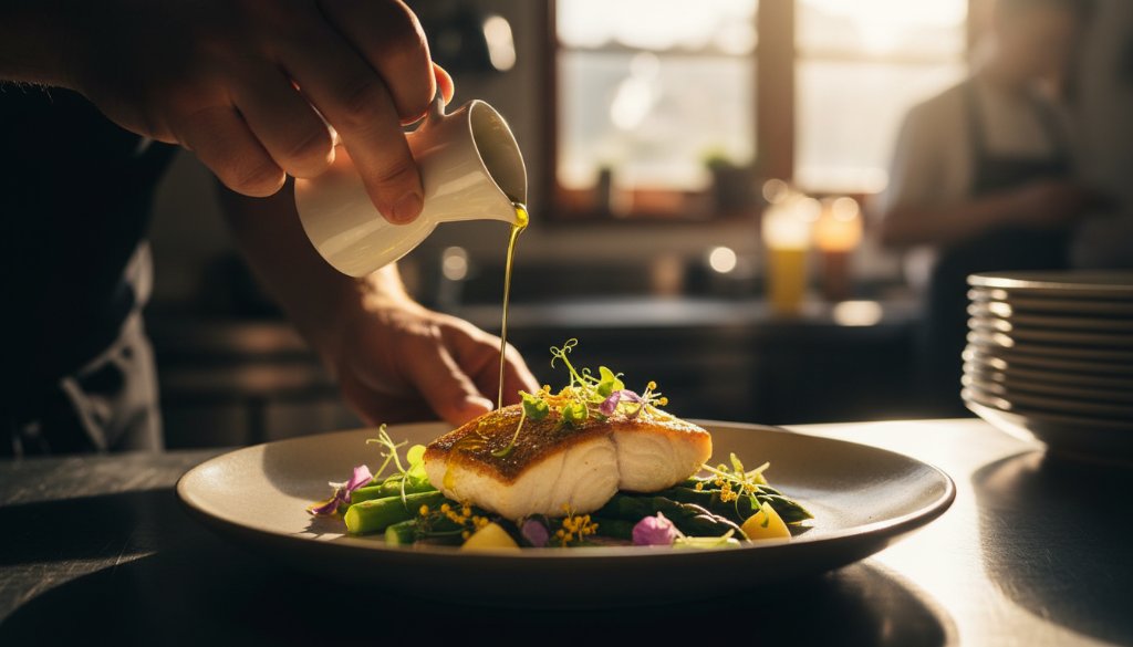 A dramatic, cinematic photograph of a chef meticulously plating a vibrant dish featuring fresh, sun-ripened Red Cliffs artisanal food, with golden hour light streaming through a rustic kitchen window, highlighting the rich colours and textures of the ingredients.