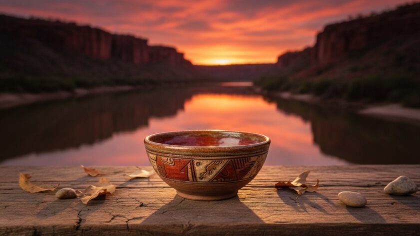 Dynamic shot featuring an artisan's handcrafted ceramic vase, beautifully lit against the warm, earthy tones of Red Cliffs. The vase is captured in a shallow depth of field, highlighting intricate details, with the sun setting dramatically over the Murray River in the background, symbolising the quality of Red Cliffs bespoke product photography for local businesses.