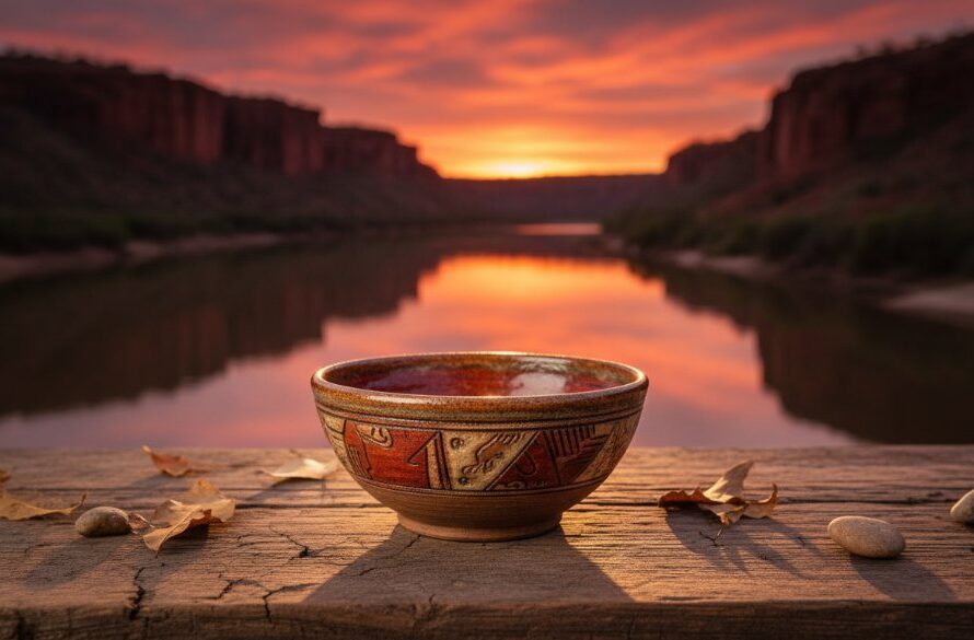 Dynamic shot featuring an artisan's handcrafted ceramic vase, beautifully lit against the warm, earthy tones of Red Cliffs. The vase is captured in a shallow depth of field, highlighting intricate details, with the sun setting dramatically over the Murray River in the background, symbolising the quality of Red Cliffs bespoke product photography for local businesses.