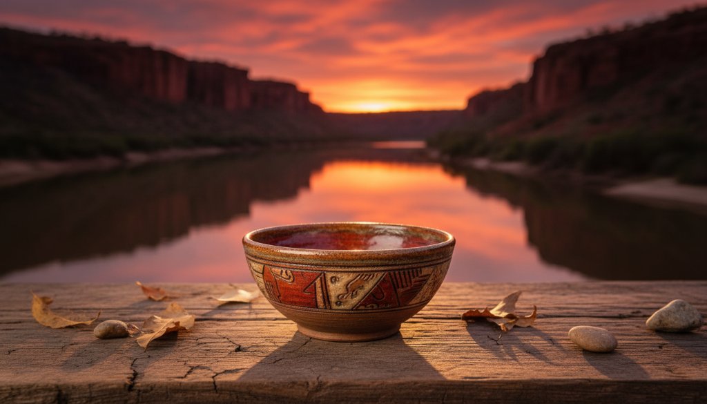 Dynamic shot featuring an artisan's handcrafted ceramic vase, beautifully lit against the warm, earthy tones of Red Cliffs. The vase is captured in a shallow depth of field, highlighting intricate details, with the sun setting dramatically over the Murray River in the background, symbolising the quality of Red Cliffs bespoke product photography for local businesses.