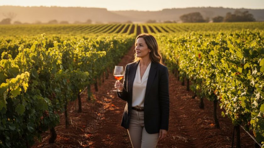 A vibrant, professionally colour-graded cinematic photograph showcasing a confident female entrepreneur in Red Cliffs, standing amidst a sun-drenched vineyard, holding a glass of local wine, embodying Red Cliffs business branding photography excellence with a soft, natural glow, capturing an epic moment of success and local connection.
