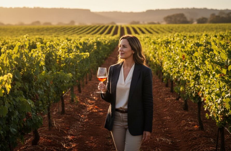 A vibrant, professionally colour-graded cinematic photograph showcasing a confident female entrepreneur in Red Cliffs, standing amidst a sun-drenched vineyard, holding a glass of local wine, embodying Red Cliffs business branding photography excellence with a soft, natural glow, capturing an epic moment of success and local connection.