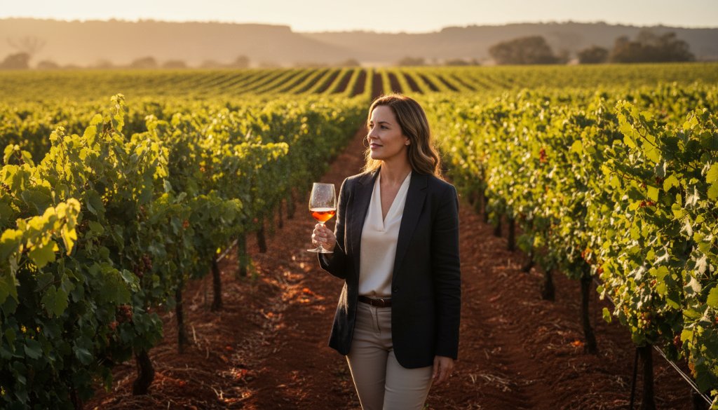 A vibrant, professionally colour-graded cinematic photograph showcasing a confident female entrepreneur in Red Cliffs, standing amidst a sun-drenched vineyard, holding a glass of local wine, embodying Red Cliffs business branding photography excellence with a soft, natural glow, capturing an epic moment of success and local connection.