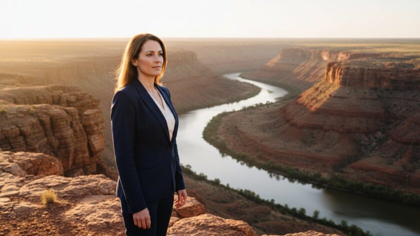 Dynamic Red Cliffs corporate headshots capturing leadership presence Victoria, featuring a confident business professional against a vibrant, sun-drenched backdrop of the Murray River, dramatic golden hour lighting, sharp focus on subject.