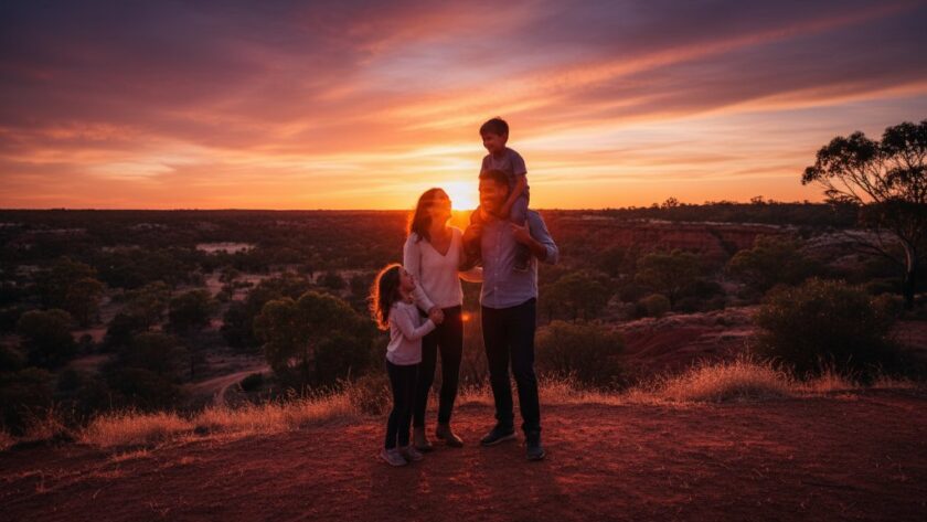 Red Cliffs family photography capturing genuine joy: A heartwarming, cinematic shot of a family (parents, two young children) laughing and embracing during sunset at Red Cliffs Lookout, with dramatic golden hour light silhouetting their joyful expressions against the vast Mallee landscape.