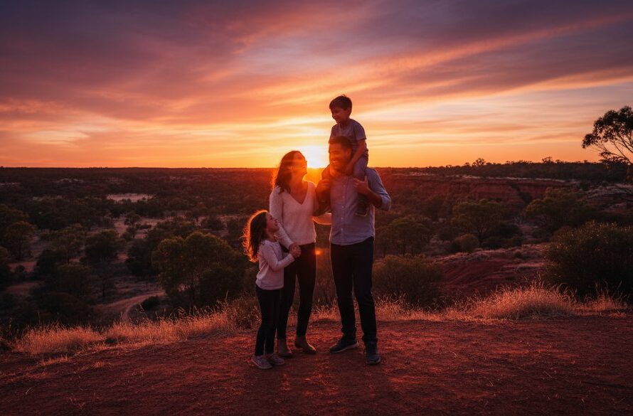 Red Cliffs family photography capturing genuine joy: A heartwarming, cinematic shot of a family (parents, two young children) laughing and embracing during sunset at Red Cliffs Lookout, with dramatic golden hour light silhouetting their joyful expressions against the vast Mallee landscape.
