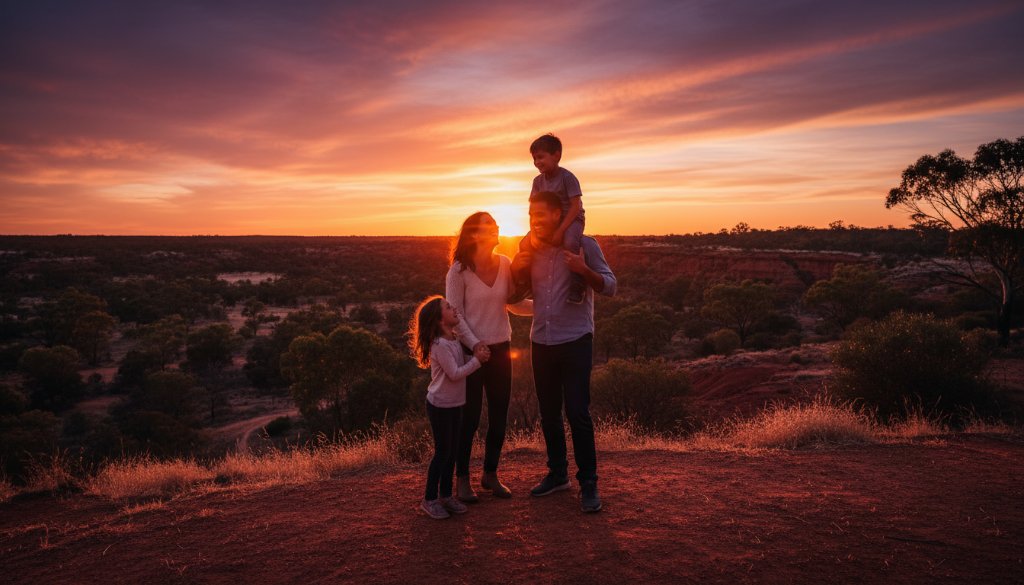 Red Cliffs family photography capturing genuine joy: A heartwarming, cinematic shot of a family (parents, two young children) laughing and embracing during sunset at Red Cliffs Lookout, with dramatic golden hour light silhouetting their joyful expressions against the vast Mallee landscape.