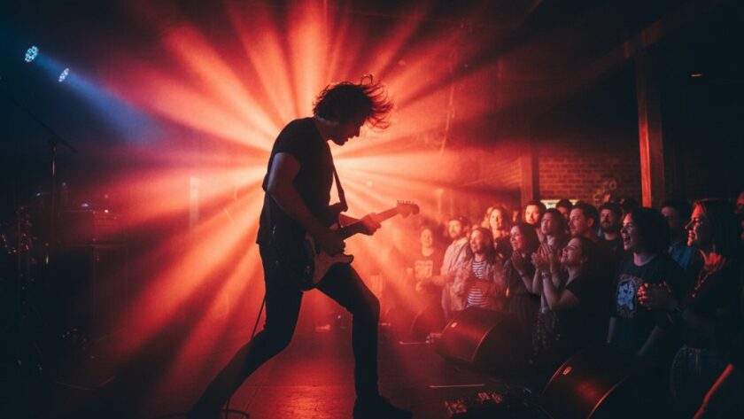 Dramatic, wide-angle shot capturing the essence of Red Cliffs intimate gig photography storytelling, with a musician silhouetted against vibrant stage lights, their passionate performance highlighted by atmospheric smoke and a cheering, blurred crowd in the foreground.