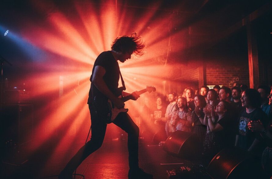 Dramatic, wide-angle shot capturing the essence of Red Cliffs intimate gig photography storytelling, with a musician silhouetted against vibrant stage lights, their passionate performance highlighted by atmospheric smoke and a cheering, blurred crowd in the foreground.