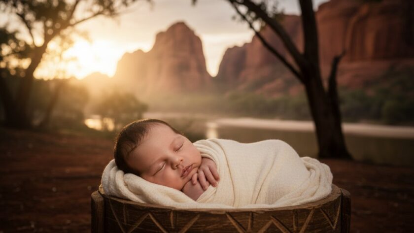 An ethereal, dramatic portrait capturing Red Cliffs newborn photography capturing tiny details, with a baby swaddled peacefully amidst soft, golden morning light reflecting off the nearby Murray River, creating a serene and timeless 'epic moment'.