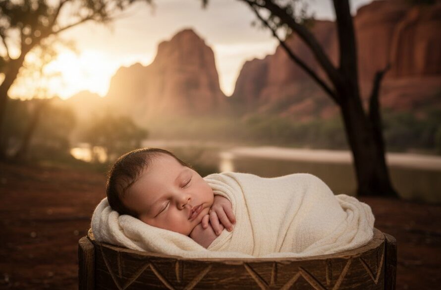 An ethereal, dramatic portrait capturing Red Cliffs newborn photography capturing tiny details, with a baby swaddled peacefully amidst soft, golden morning light reflecting off the nearby Murray River, creating a serene and timeless 'epic moment'.