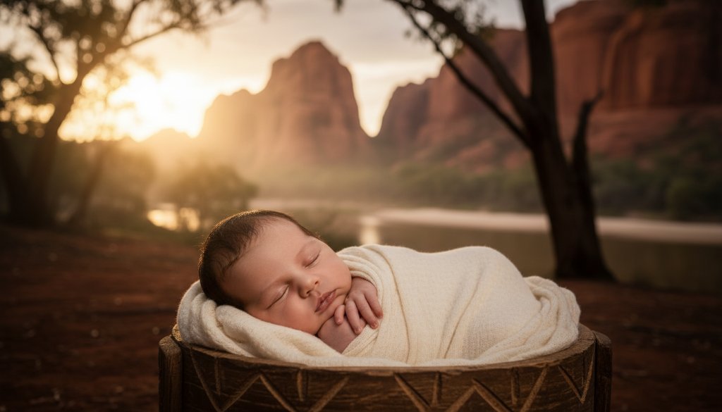 An ethereal, dramatic portrait capturing Red Cliffs newborn photography capturing tiny details, with a baby swaddled peacefully amidst soft, golden morning light reflecting off the nearby Murray River, creating a serene and timeless 'epic moment'.