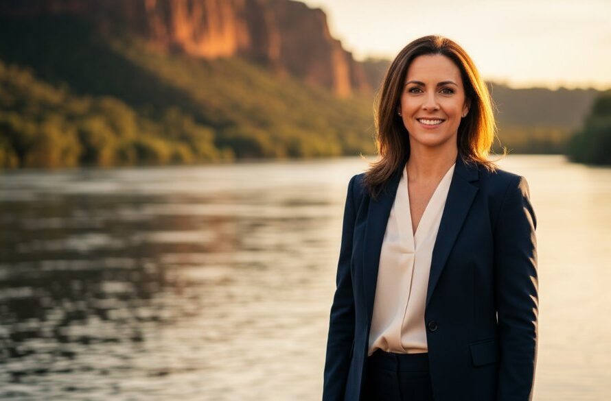 A powerful, cinematic professional portrait showcasing a local Red Cliffs business owner, exuding confidence and approachability, taken in a sun-drenched outdoor setting near the Murray River, illustrating the impact of Red Cliffs professional headshots for local businesses.