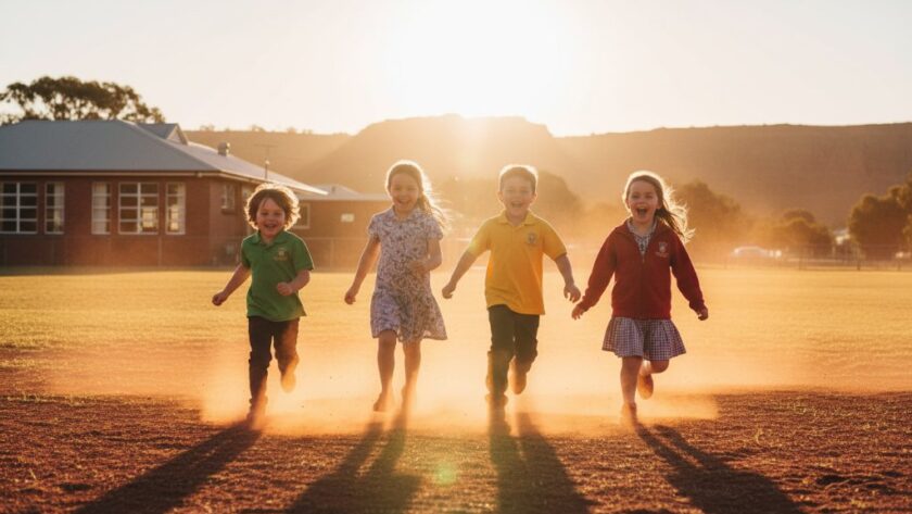 A vibrant, professionally color-graded wide shot capturing the joyful, candid moment of Red Cliffs school children laughing and interacting on a sunny afternoon in front of a red brick school building, with the iconic Red Cliffs cliff faces subtly visible in the background, embodying the spirit of Red Cliffs school photography vibrant yearbook portraits.