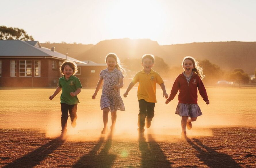 A vibrant, professionally color-graded wide shot capturing the joyful, candid moment of Red Cliffs school children laughing and interacting on a sunny afternoon in front of a red brick school building, with the iconic Red Cliffs cliff faces subtly visible in the background, embodying the spirit of Red Cliffs school photography vibrant yearbook portraits.