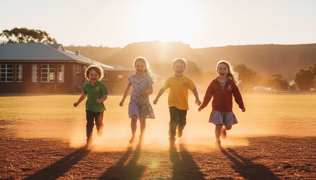A vibrant, professionally color-graded wide shot capturing the joyful, candid moment of Red Cliffs school children laughing and interacting on a sunny afternoon in front of a red brick school building, with the iconic Red Cliffs cliff faces subtly visible in the background, embodying the spirit of Red Cliffs school photography vibrant yearbook portraits.