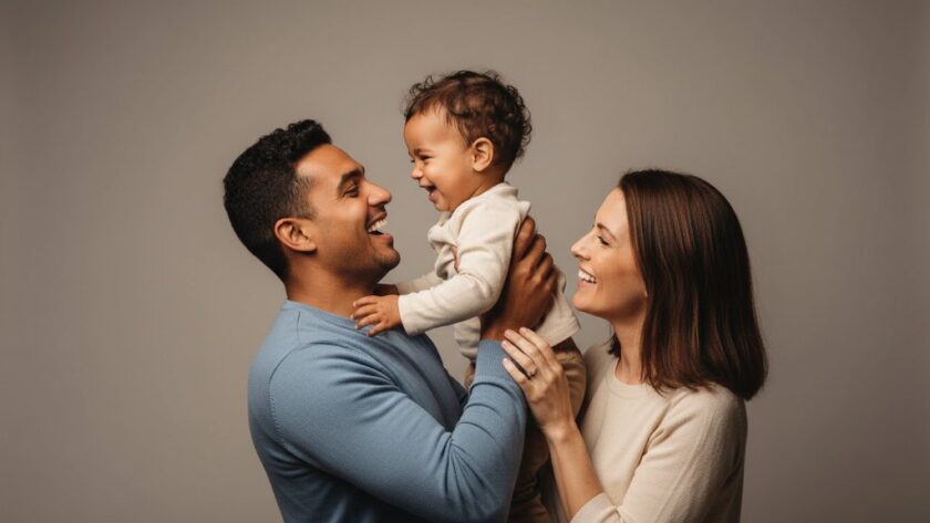 A joyous Red Cliffs family in a professionally lit studio, captured in an epic moment during their Red Cliffs studio portraits capturing family joy session. The father lifts his child high, both laughing heartily, with the mother looking on lovingly, showcasing genuine connection and professional colour grading.