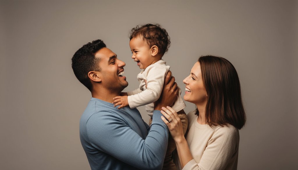 A joyous Red Cliffs family in a professionally lit studio, captured in an epic moment during their Red Cliffs studio portraits capturing family joy session. The father lifts his child high, both laughing heartily, with the mother looking on lovingly, showcasing genuine connection and professional colour grading.