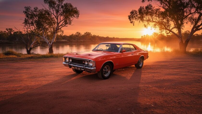 Dramatic Red Cliffs sunset automotive photography capturing classic cars, featuring a vintage Ford Falcon GT bathed in golden light near the iconic Murray River bank at dusk, with rich colours and a cinematic feel.