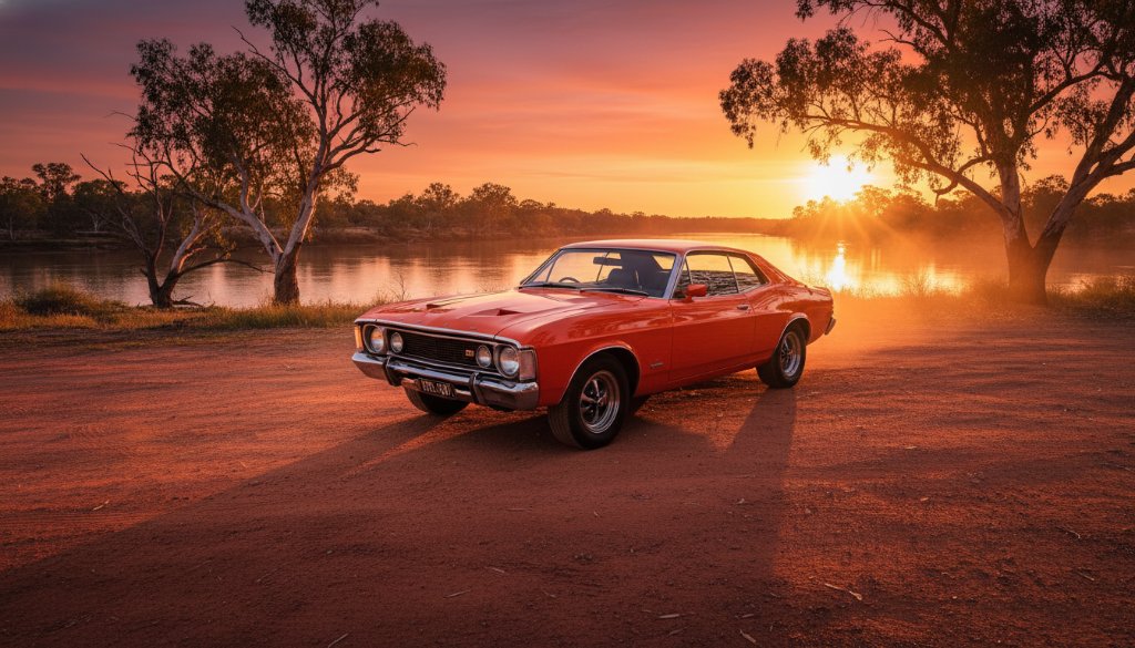 Dramatic Red Cliffs sunset automotive photography capturing classic cars, featuring a vintage Ford Falcon GT bathed in golden light near the iconic Murray River bank at dusk, with rich colours and a cinematic feel.